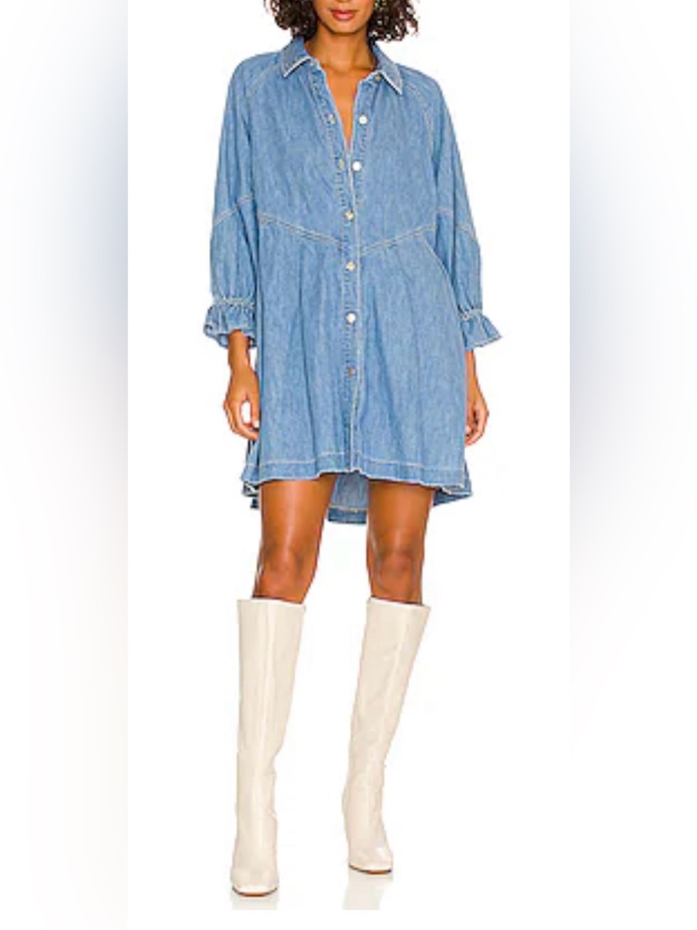 We the Free People Hannah Poplin Shirt Dress Blouse Ruffle Sleeve Denim XS